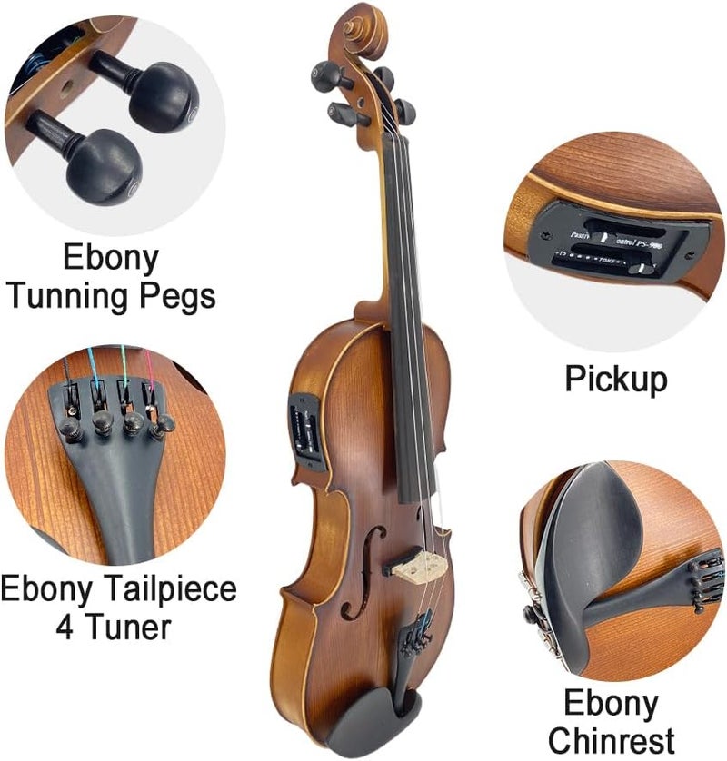 ModouString Acoustic Violin 4/4, 4 Strings Electric violin Maple Spruce Solid Wood Body, Ebony Fittings with Case, Bow, Accessories - Image 3